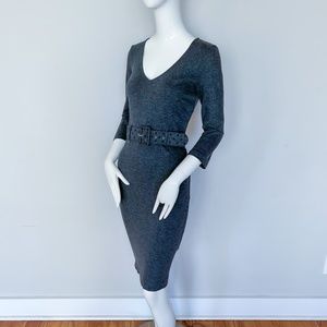 SUOLI | MADE IN ITALY | Grey Bodycon Stretch Office Dress 3/4 Sleeve Belted
